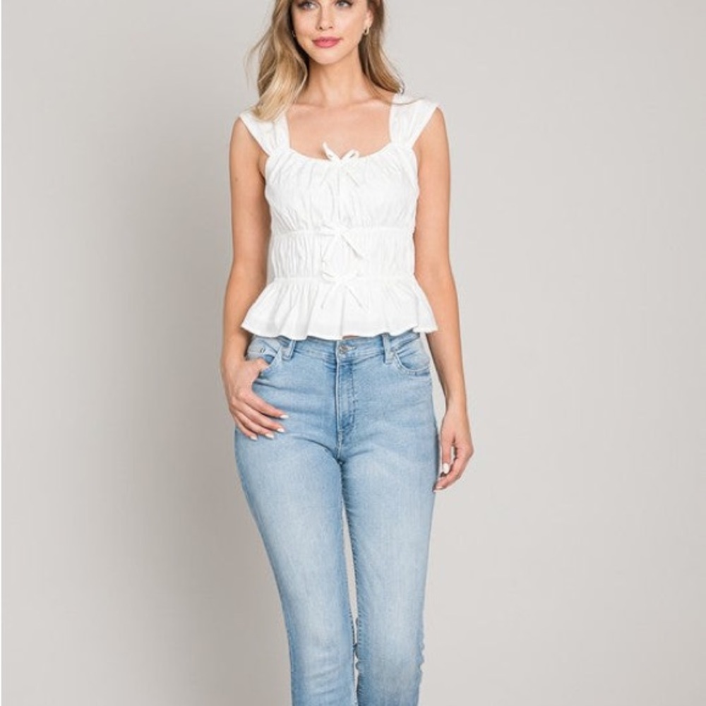 (A3) Allie Rose Hopeless Romantic Tank, White, Bow &‎ Ruching, Size Medium, NWT